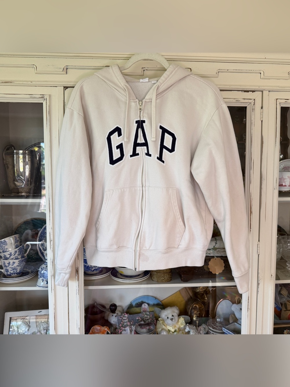GAP Cream Full-Zip Hooded Sweatshirt with Navy Logo